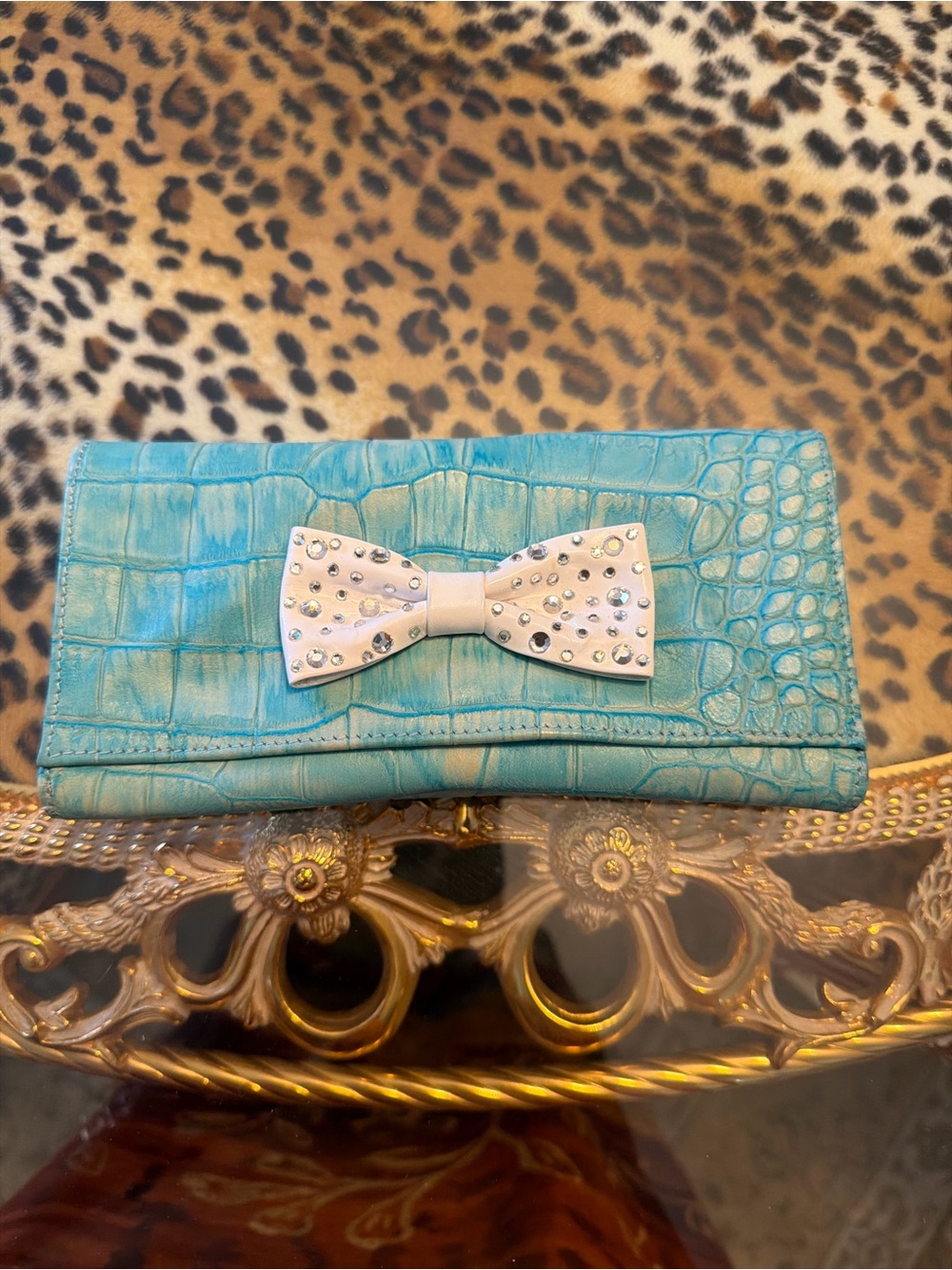 Turquoise Croc-Embossed Wallet with White Bow Accent